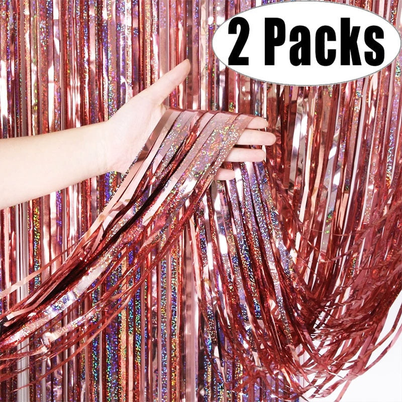 2Pack Metallic Foil Tinsel Fringe Curtain Birthday Wedding Bachelorette Party Decoration Adult Anniversary Photography Backdrop