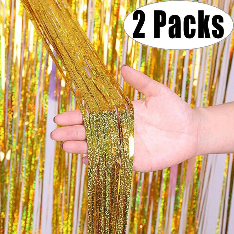 2Pack Metallic Foil Tinsel Fringe Curtain Birthday Wedding Bachelorette Party Decoration Adult Anniversary Photography Backdrop