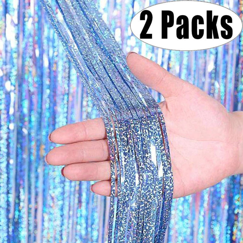 2Pack Metallic Foil Tinsel Fringe Curtain Birthday Wedding Bachelorette Party Decoration Adult Anniversary Photography Backdrop