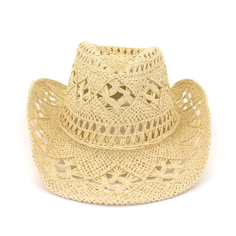 Summer Outdoor Men Women Hand-woven Western Cowboy Straw Hats Wide Brim Breathable Beach Jazz Cap Sun Protection Hat