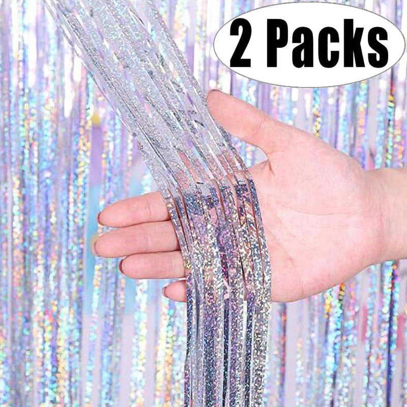 2Pack Metallic Foil Tinsel Fringe Curtain Birthday Wedding Bachelorette Party Decoration Adult Anniversary Photography Backdrop