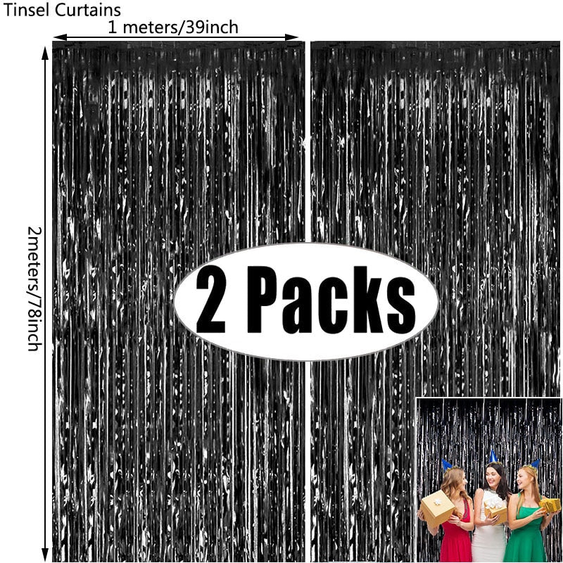 2Pack Metallic Foil Tinsel Fringe Curtain Birthday Wedding Bachelorette Party Decoration Adult Anniversary Photography Backdrop