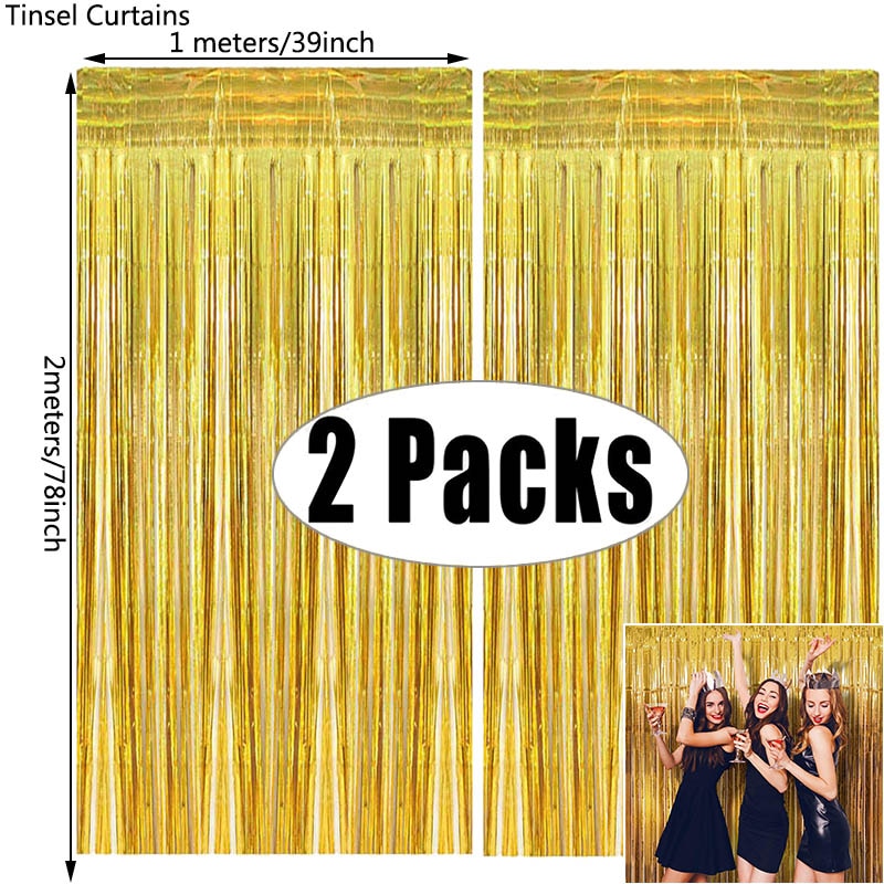 2Pack Metallic Foil Tinsel Fringe Curtain Birthday Wedding Bachelorette Party Decoration Adult Anniversary Photography Backdrop