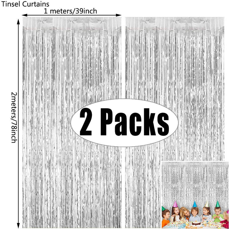 2Pack Metallic Foil Tinsel Fringe Curtain Birthday Wedding Bachelorette Party Decoration Adult Anniversary Photography Backdrop