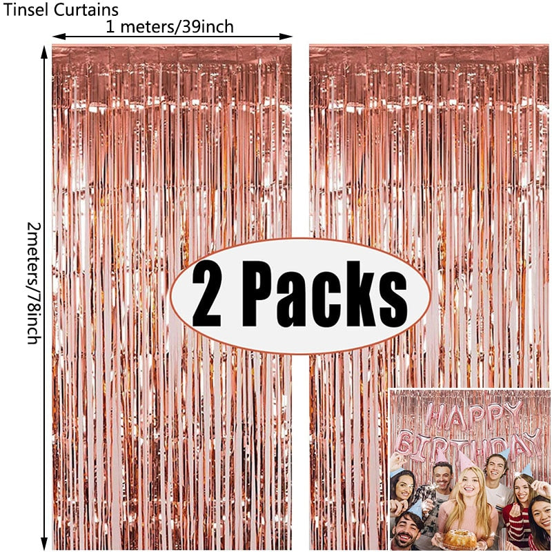 2Pack Metallic Foil Tinsel Fringe Curtain Birthday Wedding Bachelorette Party Decoration Adult Anniversary Photography Backdrop