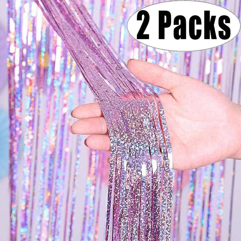 2Pack Metallic Foil Tinsel Fringe Curtain Birthday Wedding Bachelorette Party Decoration Adult Anniversary Photography Backdrop