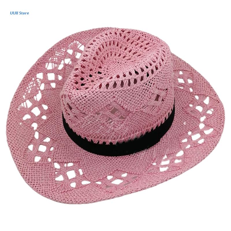 Hand Weave Cowboy Cowgirl Hat Straw Summer Hat Women Sun Hat Foldable Hollow Out Pink Beach Cap Fashion Women Men Unisex Sunhat