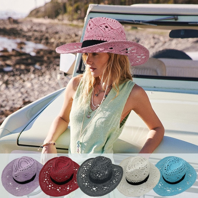 Hand Weave Cowboy Cowgirl Hat Straw Summer Hat Women Sun Hat Foldable Hollow Out Pink Beach Cap Fashion Women Men Unisex Sunhat