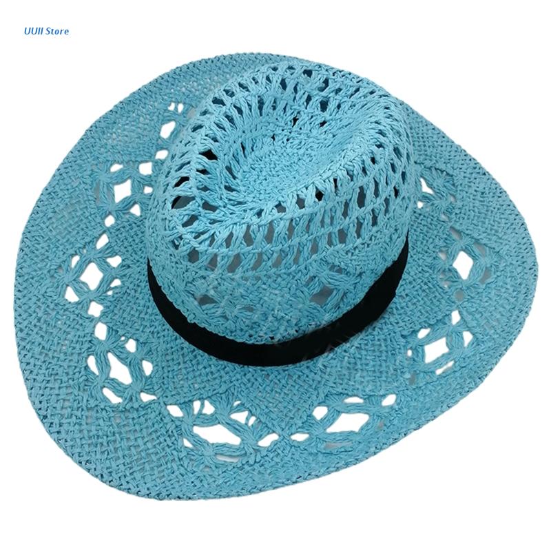 Hand Weave Cowboy Cowgirl Hat Straw Summer Hat Women Sun Hat Foldable Hollow Out Pink Beach Cap Fashion Women Men Unisex Sunhat