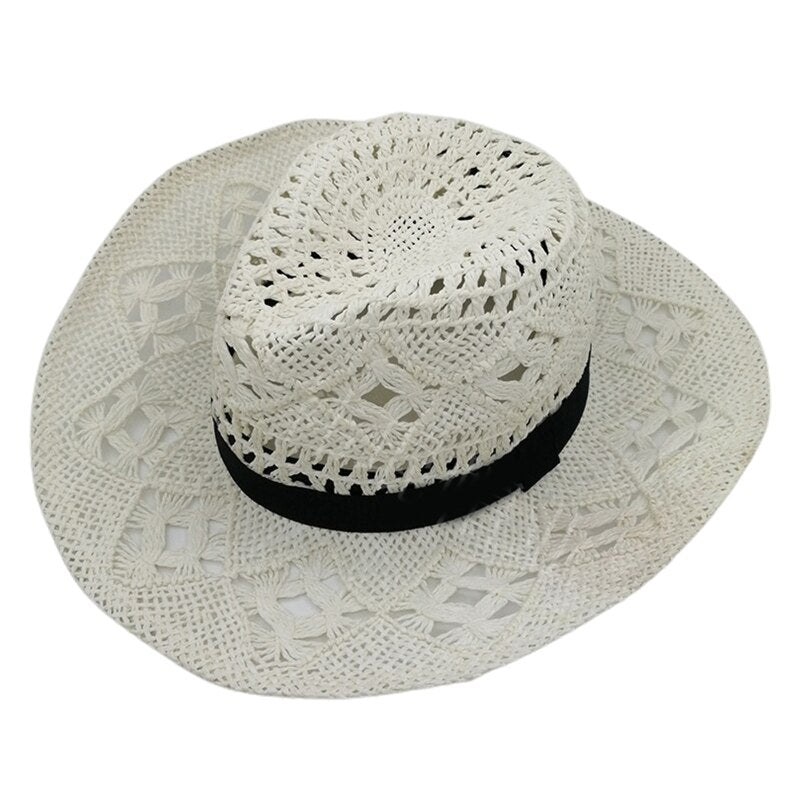 Hand Weave Cowboy Cowgirl Hat Straw Summer Hat Women Sun Hat Foldable Hollow Out Pink Beach Cap Fashion Women Men Unisex Sunhat