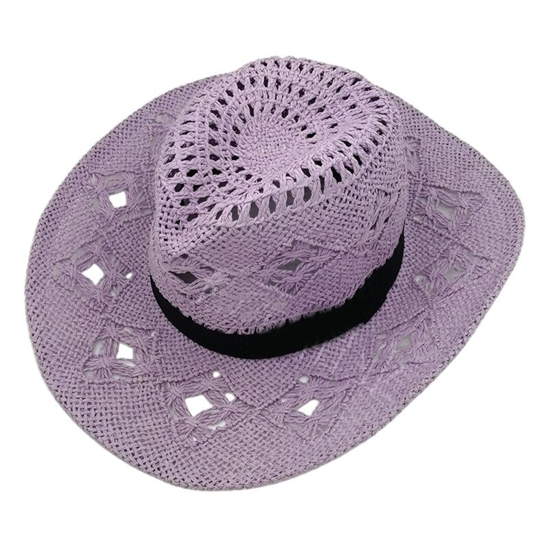 Hand Weave Cowboy Cowgirl Hat Straw Summer Hat Women Sun Hat Foldable Hollow Out Pink Beach Cap Fashion Women Men Unisex Sunhat