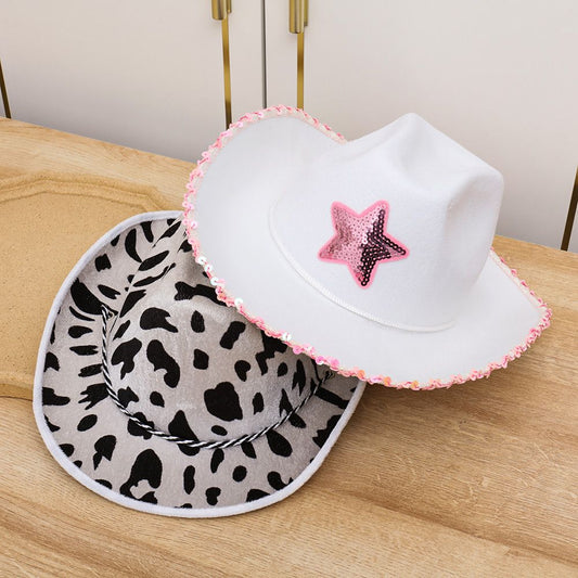 White Cowgirl Hats Pink Star Cow Girl Hat with Sequin Trim Fringe Adjustable Neck Draw String Adult Size Cowboy Hat