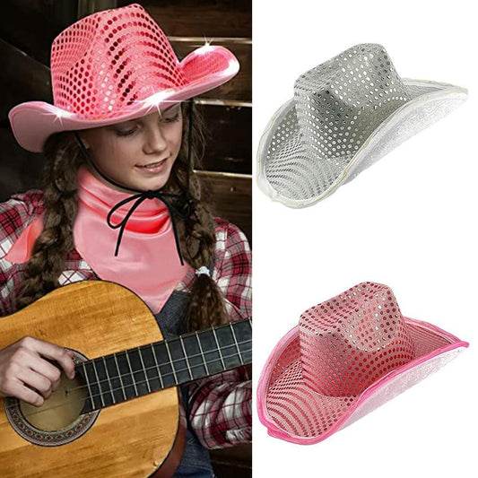 Western LED Luminous Tiara Cowgirl Hat For Women&#39;s Costume Sequins Cowboy Hat Jazz Fashion Party Warped Wide Brim Caps