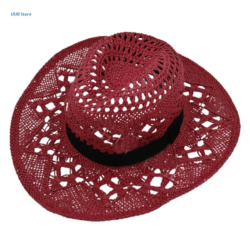 Hand Weave Cowboy Cowgirl Hat Straw Summer Hat Women Sun Hat Foldable Hollow Out Pink Beach Cap Fashion Women Men Unisex Sunhat